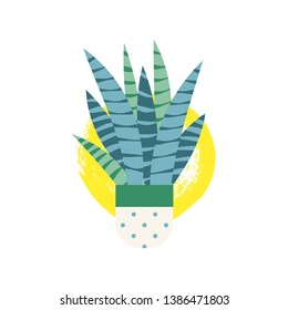 Fun card with cute Succulent flower and pot in flat style isolated on white. Home Plant Logo for t-shirt, textile, message, posters, icons for backyard garden, Landscape, logotype. Vector Illustration