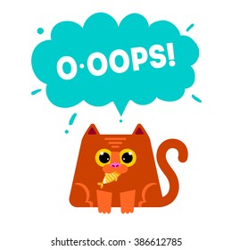 Fun card vector illustration with kitty eat fish. Oops idea. Flat modern style cat logo with fish. Surprise concept banner, poster, advertising. Cute cat and fish. Joyful art.