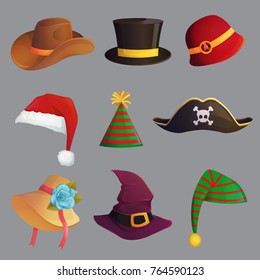 Fun Carnival Festive Collection Of Cute Celebration And Disguise Hat, Head Accessorie And Headband, Santa Hat, Cowboy And Pirate Hat, Party Cone.