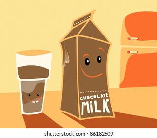 fun carton and glass of milk characters in kitchen for kids
