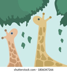 Fun Cartoon African Giraffe Animals Eating Foliage. Brightly colored giraffe child and mom. Vector illustration.