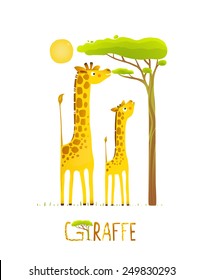 Fun Cartoon African Giraffe Animals Eating Foliage. Brightly colored giraffe child and mom. Vector illustration EPS10.