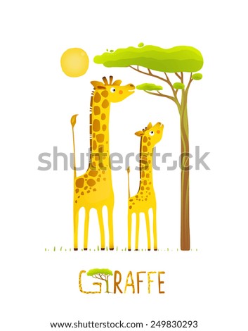 Fun Cartoon African Giraffe Animals Eating Foliage. Brightly colored giraffe child and mom. Vector illustration EPS10.