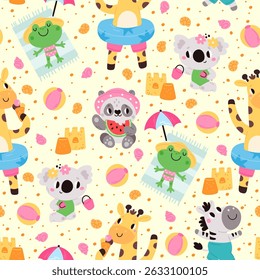 Fun cartoon animals seamless pattern. Cute panda and giraffe in bikini. Frog and koala sunbathing. Zebra resting on beach Seashore sand castle. Repeated kids print. Summer travel. Vector background