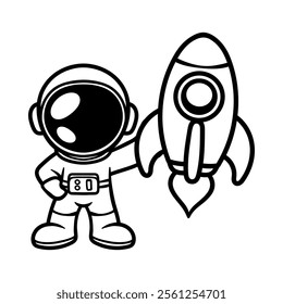 fun cartoon of astronaut flying with rocket isolated drawing line art style sketch classic vintage design illustration