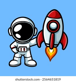 fun cartoon of astronaut flying with rocket isolated colored drawing line art style sketch classic vintage design illustration