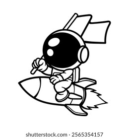 fun cartoon astronaut riding rocket hold a flag isolated drawing line art style sketch classic vintage design illustration