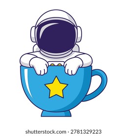 Fun cartoon astronaut sitting in a large blue coffee cup with a yellow star on it