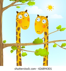 Fun Cartoon Baby Giraffe Animals in Wild for Kids Drawing. Funny friends giraffes cartoon in nature or zoo with trees background for children. Wildlife childish illustration. Vector EPS10.