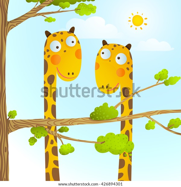 子どもが描くのに野生で楽しい漫画の赤ちゃんキリンの動物 木の背景に子ども用の自然や動物園のおかしな友達キリンの漫画 野生生物の幼稚なイラスト ベクター画像eps10 のベクター画像素材 ロイヤリティフリー