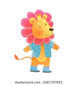 Fun cartoon baby lion wearing clothes, crown and boots. Hand drawn whimsical lion king character, animal graphic design for children party. Fun animal character, vector clip art illustration for kids.