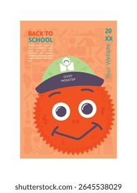 Fun cartoon back to school poster with smiling orange monster in a green hat and pattern background