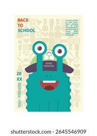 Fun cartoon back to school poster with smiling green monster in a green hat and patterned background