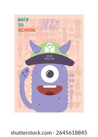 Fun cartoon back to school poster with smiling purple monster in a green hat and pattern background