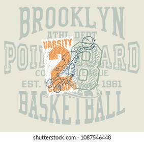 Fun cartoon basketball kids team, vintage patchwork vector print for children wear t shirt