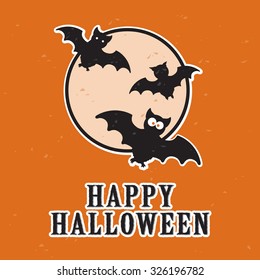 Fun cartoon bats and full moon, happy Halloween card, two color illustration