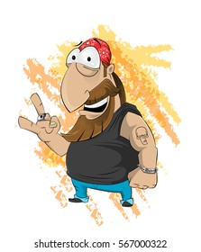 Fun cartoon biker. Full lenth. hand drawn cartoon character. engraving style. vector illustration