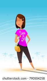 Fun cartoon and a bit self-confident woman. Holiday, vacation, resort, concept.