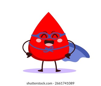 Gota de sangue de desenho animado vestido como um super-herói com uma ilustração de vetor de capa vermelha. Excelente para campanhas de doação, conscientização sobre saúde e gráficos médicos