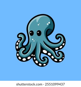 fun cartoon of blue octopus character isolated drawing line art style sketch classic vintage design illustration