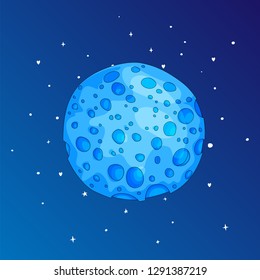 Fun cartoon blue sponge moon icon. Blue magic full moon with decoration elements on blue background. Magical blue full moon in dreams vector icon.