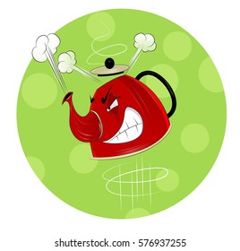 Fun cartoon boiling kettle on green design background. Easy to edit