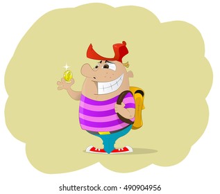 Fun cartoon boy with backpack stand and holding money. Guy suddenly found money. Lucky concept illustration. Vector