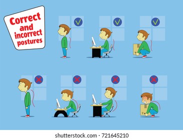 Fun cartoon boy sitting, working and lifting heavy things correct and incorrect postures. Vector illustration