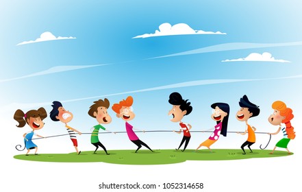 Fun cartoon boys and girls pulling rope. Concept illustration of sports activity for kids. Vector cartoon illustration.