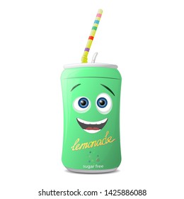 Fun cartoon can of lemonade. Vector illustration isolated on a white background.