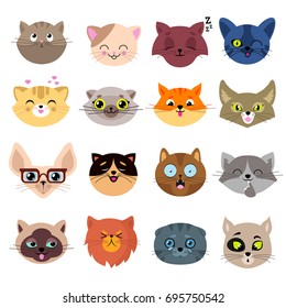 Fun cartoon cat faces. Cute kitten portraits vector set. Cartoon cats animal face illustration