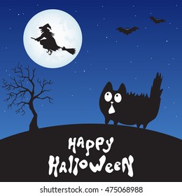 Fun  cartoon  cat , witch, bats, starry sky and moon.  Happy  Halloween background. Vector  illustration  for poster,  card, flyer or party  invitation.