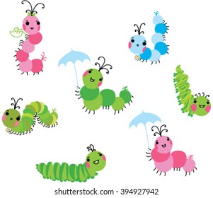 Fun cartoon caterpillars set. Cute insect icons. vector  illustration