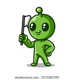 fun cartoon character alien holding flag isolated colored drawing line art style sketch classic vintage design illustration
