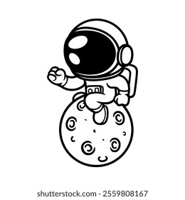 fun cartoon character of astronaut on the moon isolated drawing line art style sketch classic vintage design illustration