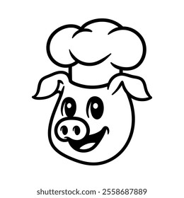 fun cartoon character of chef pig head isolated drawing line art style sketch classic vintage design illustration