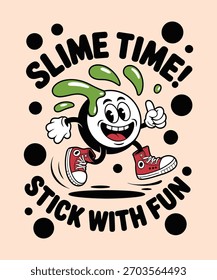 a fun cartoon character covered in slime, wearing shoes and running. vector art illustration design