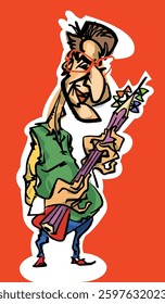 Fun cartoon character, a fat chap playing on a pencil like guitar