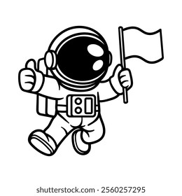 fun cartoon character of fly astronaut with flag isolated drawing line art style sketch classic vintage design illustration