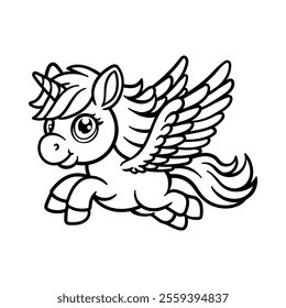 fun cartoon character of flying unicorn isolated drawing line art style sketch classic vintage design illustration