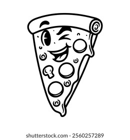 fun cartoon character of pizza with happy face isolated drawing line art style sketch classic vintage design illustration