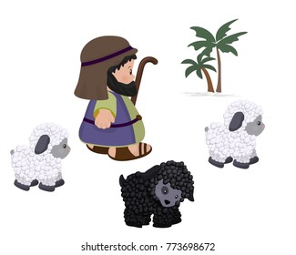 Fun cartoon character of Shepherd and sheeps, isolated on white background, set for Holiday of Merry Christmas