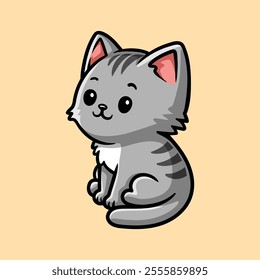fun cartoon character of sitting cat isolated colored drawing line art style design illustration