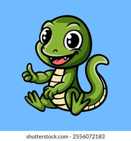 fun cartoon character of sitting lizard isolated colored drawing line art style design illustration