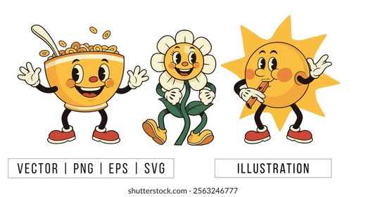 Fun Cartoon Character Trio - Noodle Bowl, Flower, and Sun Vector Illustration
