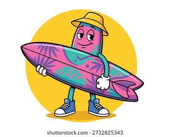 A fun cartoon character wearing a hat and holding a colorful surfboard, ready for a day at the beach.
