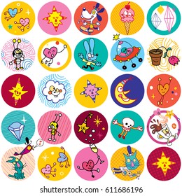 fun cartoon characters circles seamless pattern