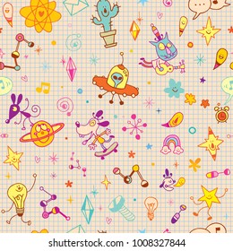 fun cartoon characters seamless pattern with notebook paper background