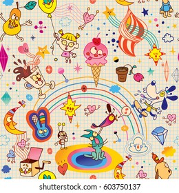 fun cartoon characters seamless pattern with note book paper background