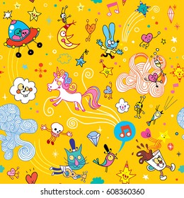 fun cartoon characters seamless pattern